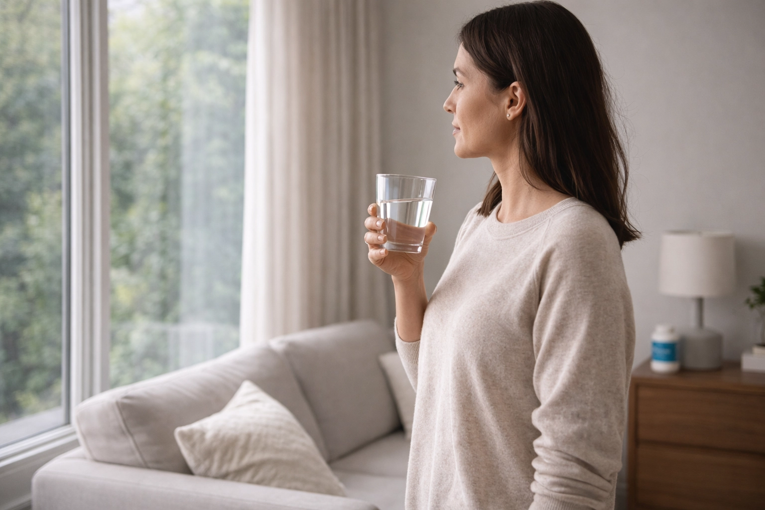 Woman with a glass of water in a premium wellness lifestyle scene in Canada