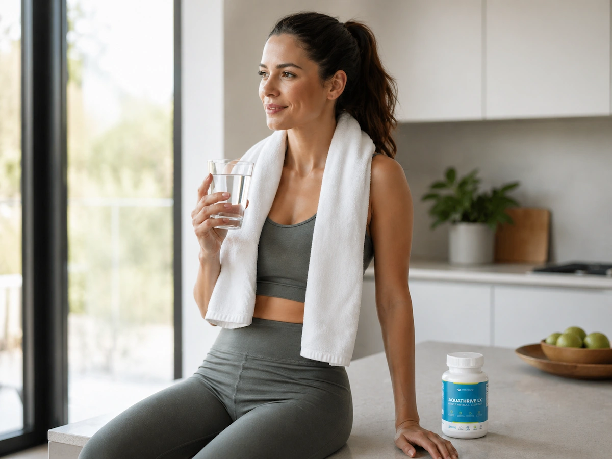 Woman after light physical activity drinking water with Aquathrive LX bottle nearby