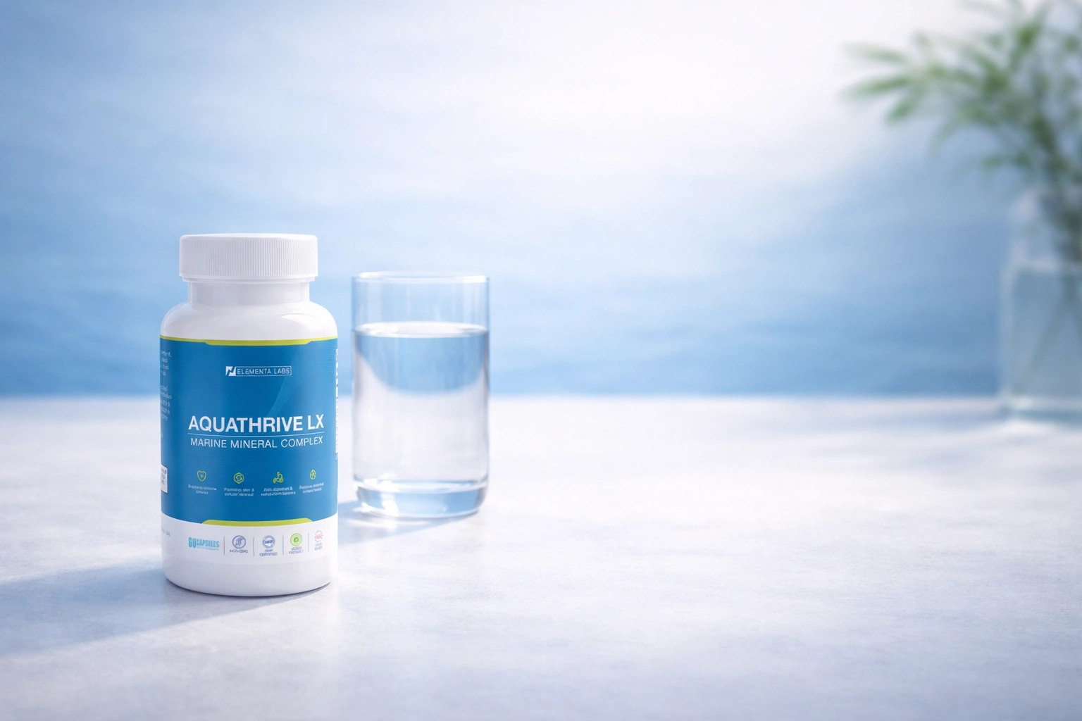 Aquathrive LX supplement bottle product showcase with glass of water