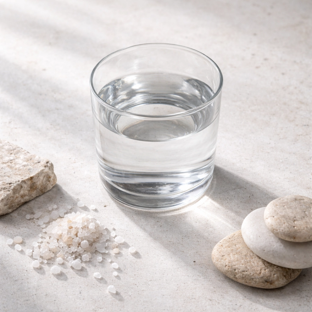 Glass of water with mineral-inspired composition representing hydration and mineral depletion