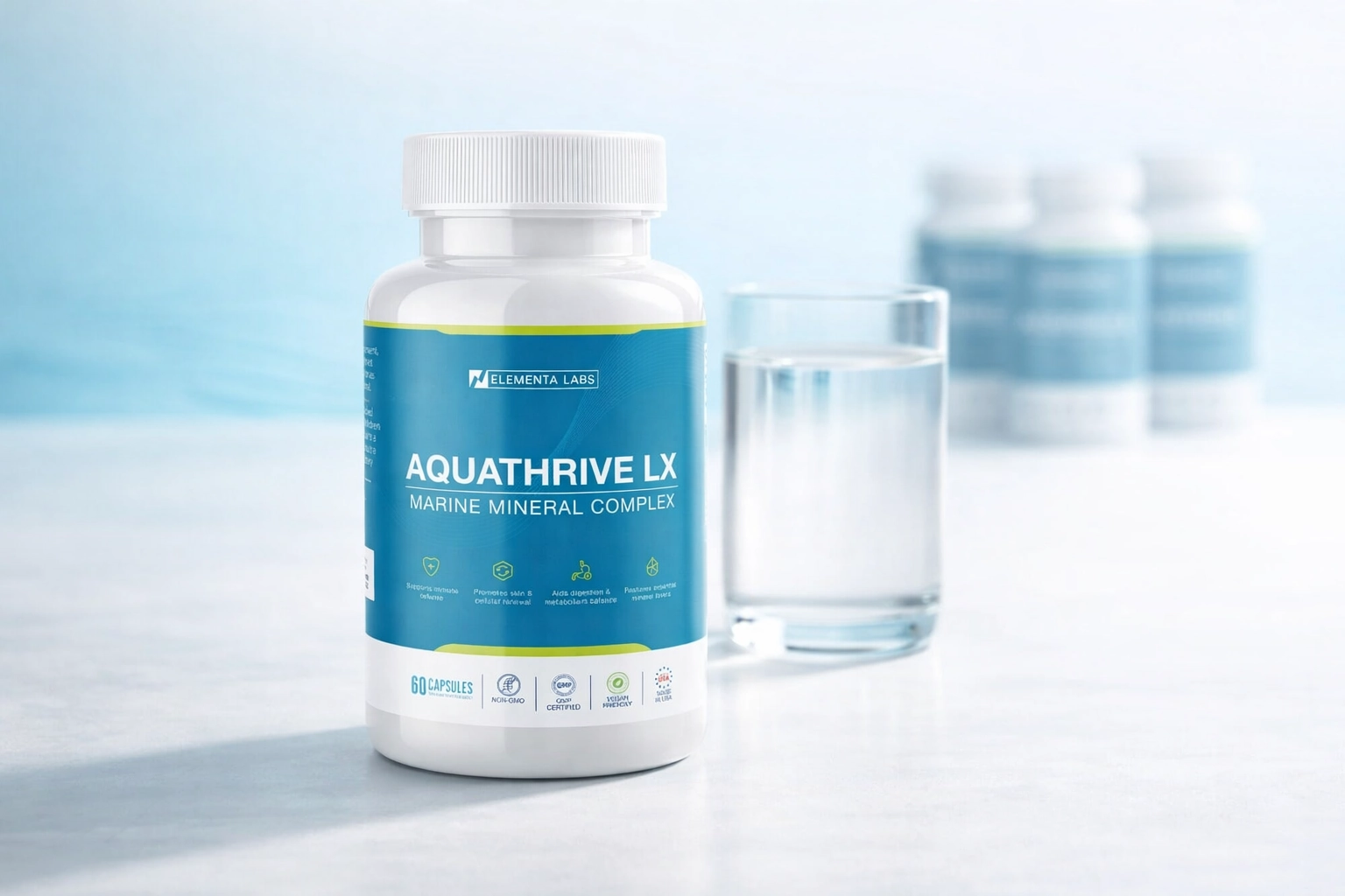 Aquathrive LX supplement bottle product showcase with glass of water