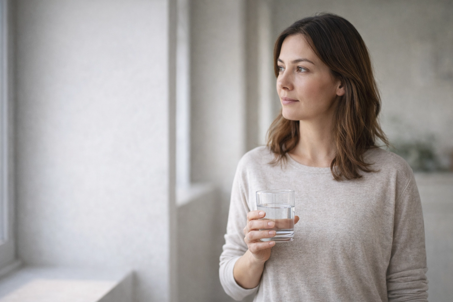 Woman holding a glass of water in a natural daily hydration routine in Canada